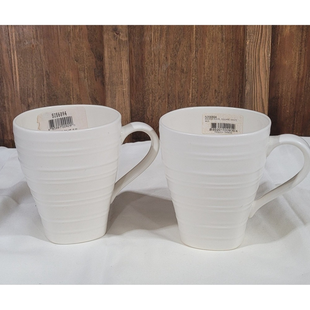 New set of 2  Mikasa Swirl Square white mug 4.5" tall